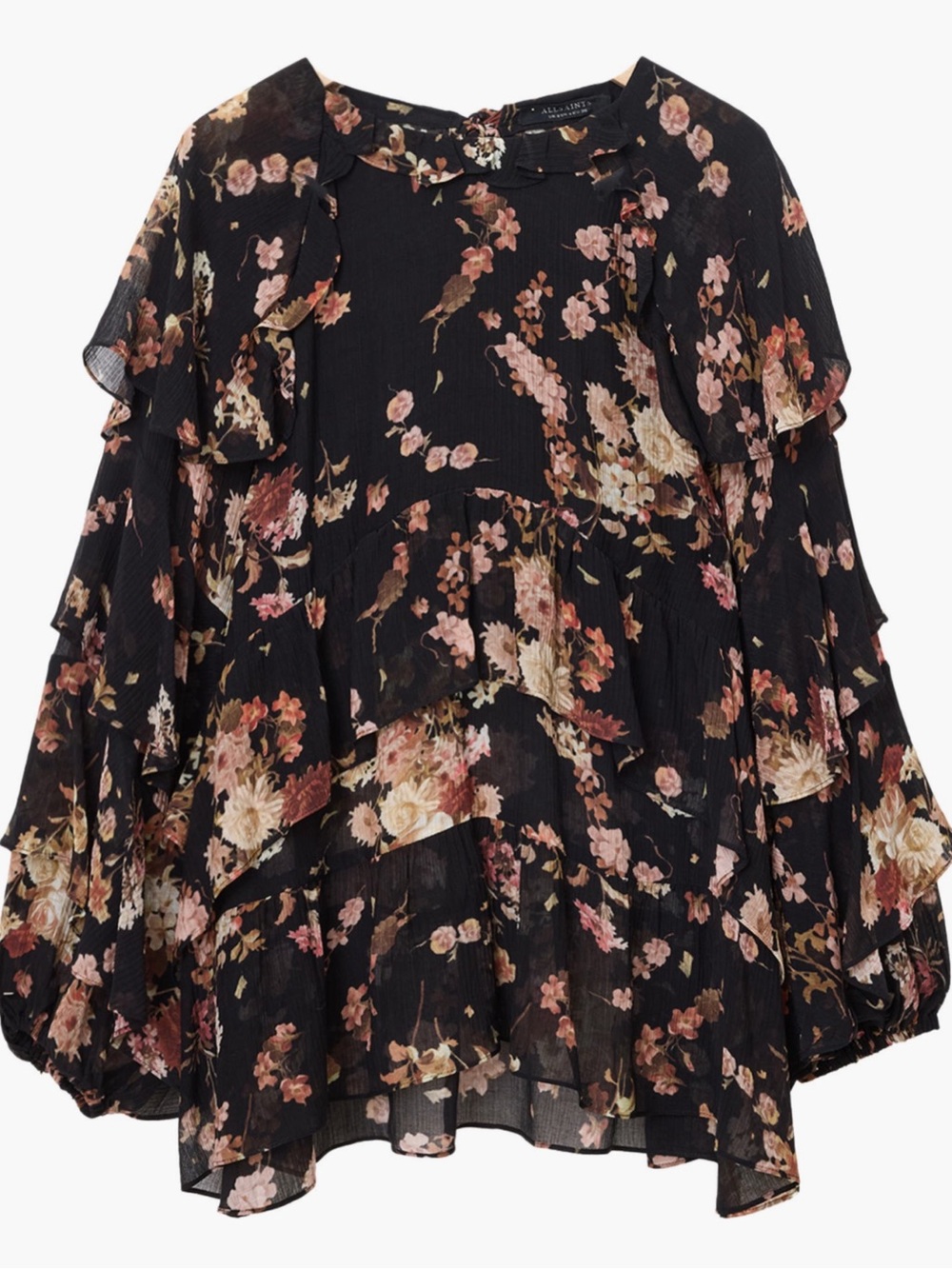 All Saints Black Floral Tiered Ruffle Blouse US 6